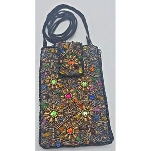 Handmade Indian Rhinestone Boho Beaded Embroidered Geometric Motifs Flower Purse